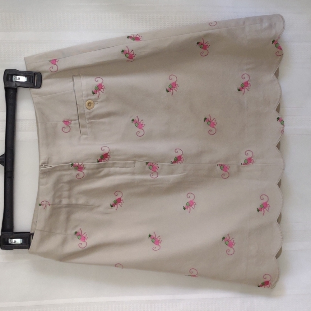 Lilly pulitzer tan scalloped edge pencil skirt embroidered pink monkeys Preppy